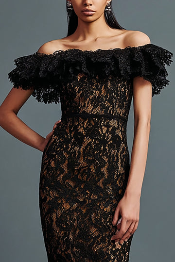 Black Lace Off The Shoulder Tea Length Formal Dress